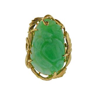 14K Gold Carved Jade Ring 
