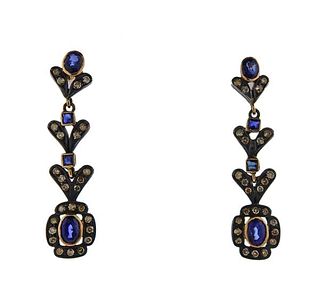 18K Gold Sterling Diamond Blue Stone Drop Earrings 
