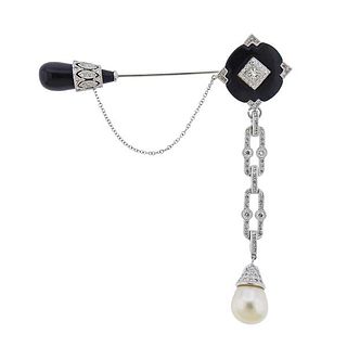 Art Deco Style 18k Gold Diamond Onyx Pearl Jabot Brooch Pin
