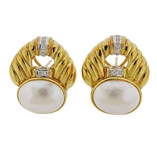 Large 18k Gold Mabe Pearl Diamond Earrings
