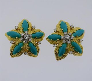 1960s 18K Gold Diamond Turquoise Earrings