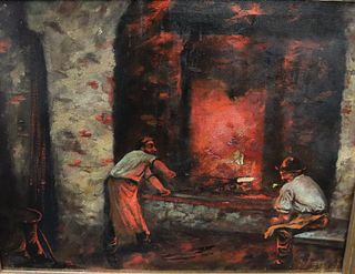 UNSIGNED. OIL ON CANVAS MEN WORKING WITH FIRE.