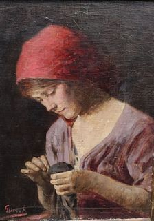 ILLEGABLY SIGNED OIL ON BOARD YOUNG GIRL SEWING.