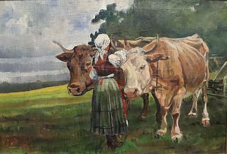 UNSIGNED OIL ON CANVAS  YOUNG LADY WITH COWS