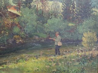 SIGNED NEOGRADY OIL ON CANVAS FLY FISHING.