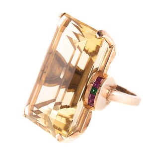 A Retro Citrine Ring with Rubies in 14K