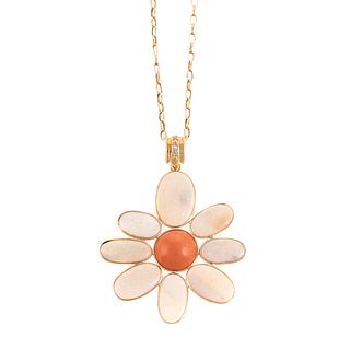 An Opal & Coral Flower Pendant on 14K Chain