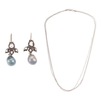 A Pair of Pearl & Diamond Drop Earrings & Chain