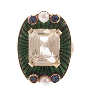 An Art Deco Enamel, Citrine & Sapphire Ring in 14K