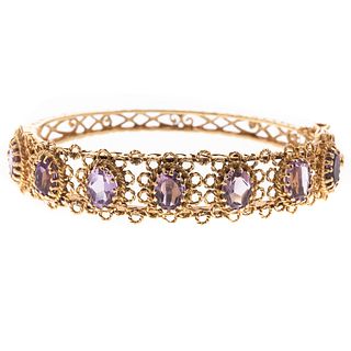 A 14K Twisted Gold Floral Amethyst Bangle