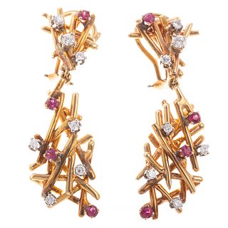 A Pair of Diamond & Ruby Brutalist Earrings