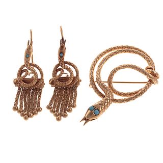 A Coiled Snake Brooch & Matching Tassel Earrings