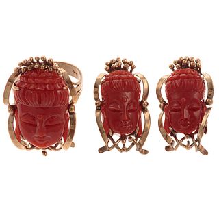 A 14K Vintage Carved Coral Buddha Ring & Earrings
