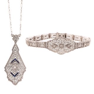An Art Deco Filigree Diamond Necklace & Bracelet