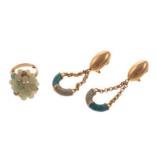 A Pair of Enamel Drop Earrings & Jade Cluster Ring