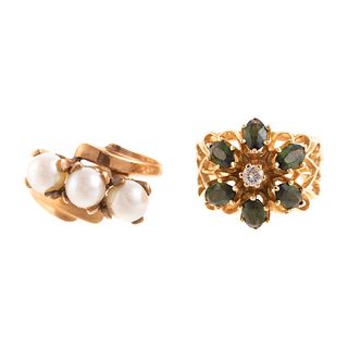 A Flower Tourmaline Ring & Pearl Ring in 14K