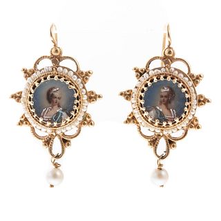 A Pair of Miniature Portrait Seed Pearl Earrings