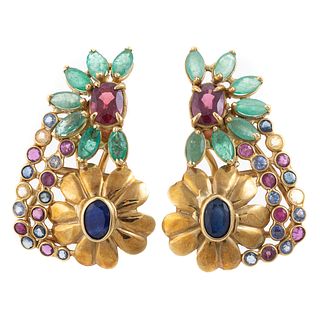 A Pair of Floral Gemstone Earrings in 18K
