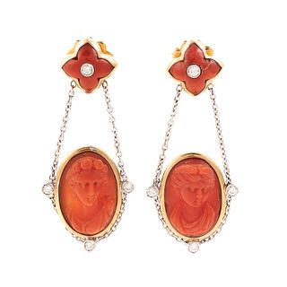 A Pair of Coral Cameo & Diamond Earrings in 18K