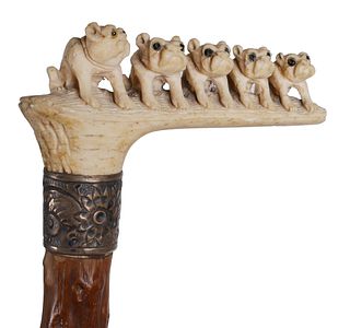 19C Bulldogs Carved Ivory Walking Stick