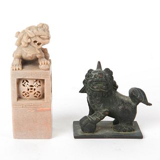 PAIR, BRONZE AND CARVED STONE DOG OF FOO SCULPTURES