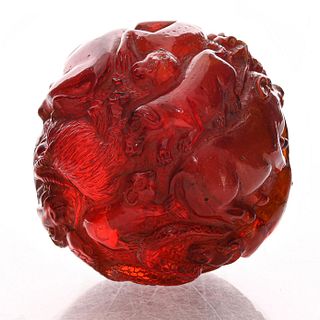 CHINESE CARVED AMBER ZODIAC BALL