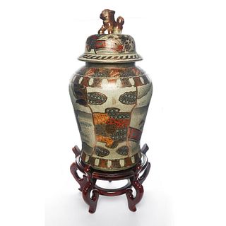 MONUMENTAL LUSTRE AND GILT CHINESE COVERED JAR, FOO DOG