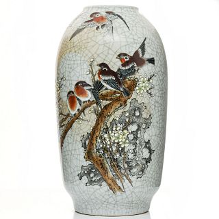 MONUMENTAL GUAN WARE VASE, FINCHES
