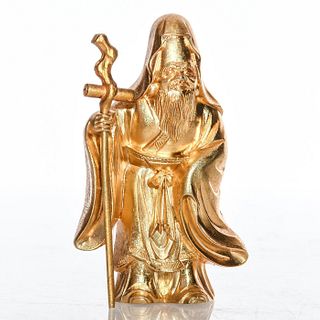 24K ELECTROPLATE FIGURINE, MONK WITH STAFF