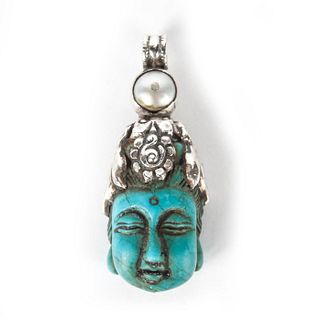 CARVED TURQUOISE BUDDHA PENDANT W. SILVER AND PEARL