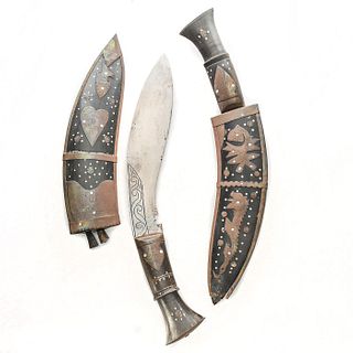 PAIR OF NEPALESE KUKRI KNIVES WITH ELABORATE SCABBARDS