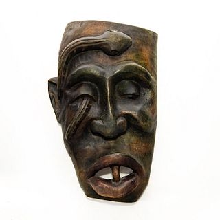 AFRICAN TRIBAL WOODEN WALL MASK WITH SNAKE