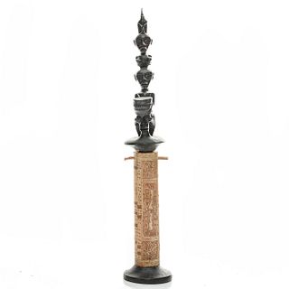 AFRICAN CARVED BONE AND WOOD MINIATURE COLUMN
