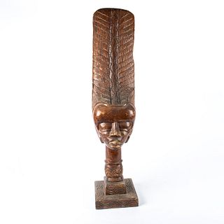 LARGE AFRICAN TRIBAL STATUE OF WOMAN WITH HEAD DRESS