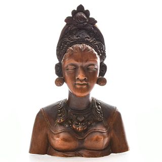 VINTAGE EXOTIC WOODEN BUST OF BALINESE WOMAN