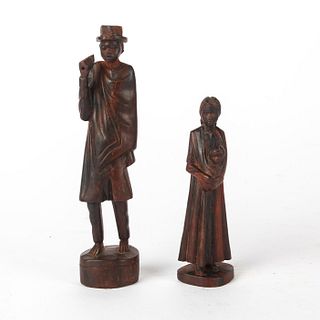 2 HAND CARVED WOODEN FIGURES, MAN AND WOMAN WITH BABY