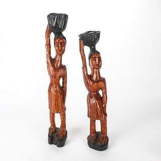 PAIR, HAND CARVED AFRICAN FEMALE FIGURAL SCULPTURES
