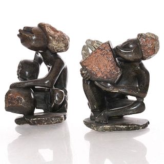 PAIR, AFRICAN CARVED STONE FIGURINES OR BOOKENDS