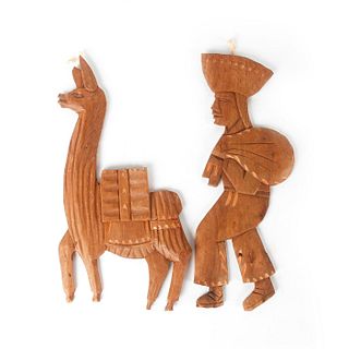 PAIR OF HAND CARVED WOODEN WALL FIGURES, MAN AND LLAMA