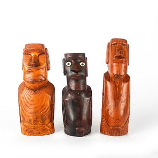 THREE WOODEN CARVED EASTER ISLAND MOAI SCULPTURES