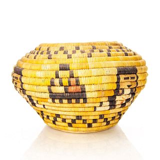 NATIVE AMERICAN WOVEN TRIBAL YELLOW COILED BASKET