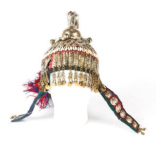 TURKMENISTANI HAND SEWN HEADDRESS WITH COINS AND SHELLS
