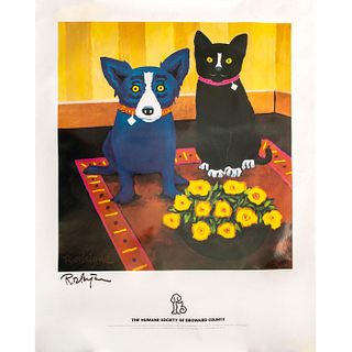 GEORGE RODRIGUE HUMANE SOCIETY POSTER, BLUE DOG AND CAT