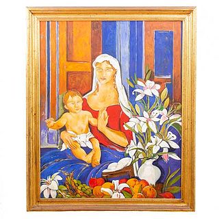 Michel Tolouse. Virgen con niño. Firmado. Siglo XXI. Óleo sobre tela Enmarcado en madera dorada. 100 x 78 cm.
