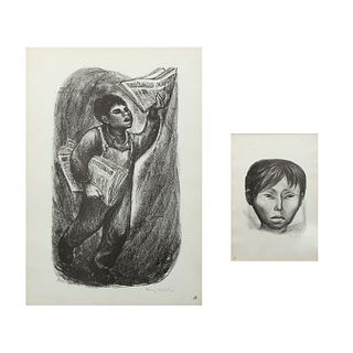 Fanny Rabel. Rostro de niño y Niño vendiendo periódico. Firmadas a lápiz. Litografía sin número de tiraje. Enmarcadas. 37 x 32 cm.