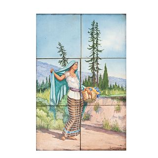 CARLOS DE OVANDO FERNÁNDEZ Mujer con canasta. Firmado. Óleo sobre mosaico vidriado. Enmarcado. 37 x 25 cm.