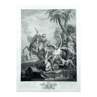 Blas Ametller. "La Caza del Avestruz". Fechado 1803. Grabado sobre papel. Dibujado por P.P. Moles y Tintada por Boucher. 67 x 50 cm.
