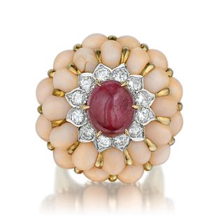 Coral Ruby and Diamond Dome Ring