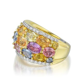 Multi-Colored Sapphire and Diamond Wide Ring