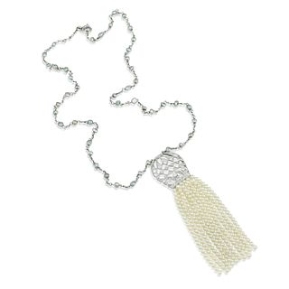 Diamond and Cultured Pearl Tassel Necklace